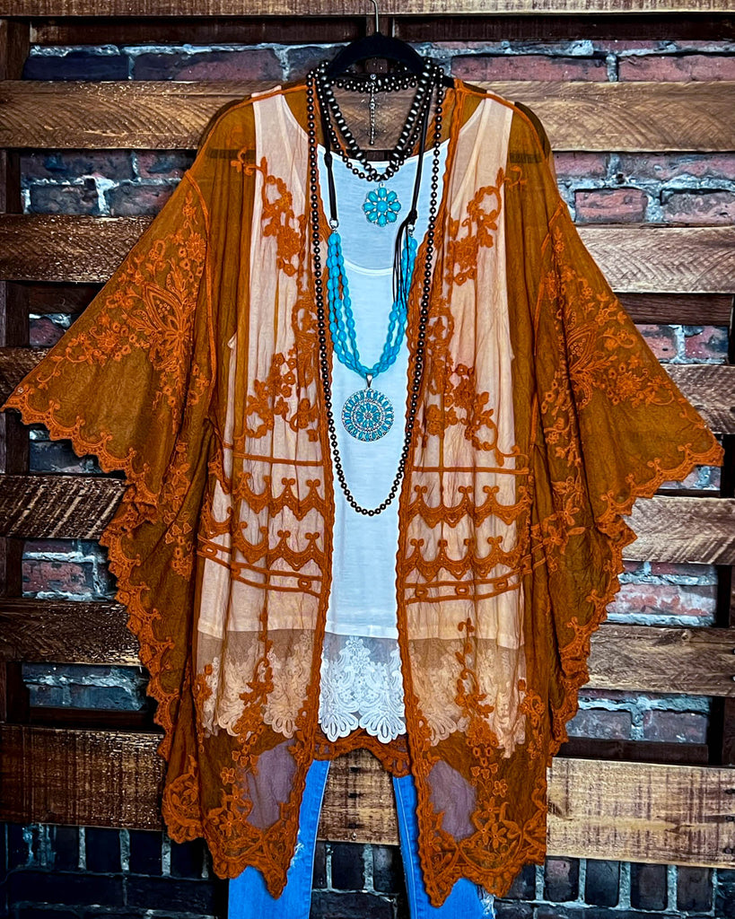 VINTAGE ANGEL EMBROIDERED LACE KIMONO RUST