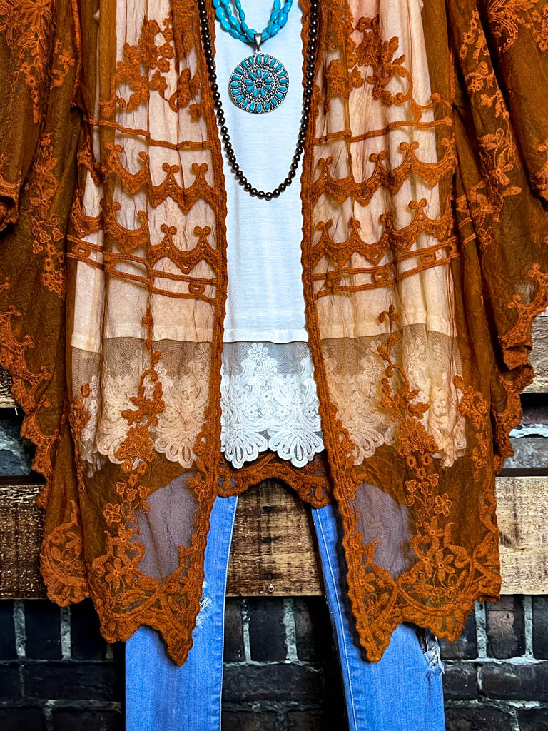 VINTAGE ANGEL EMBROIDERED LACE KIMONO RUST