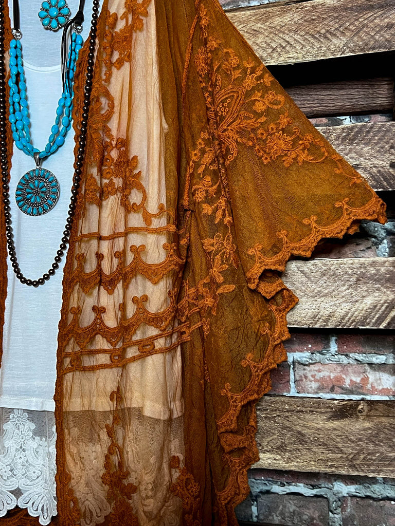 VINTAGE ANGEL EMBROIDERED LACE KIMONO RUST