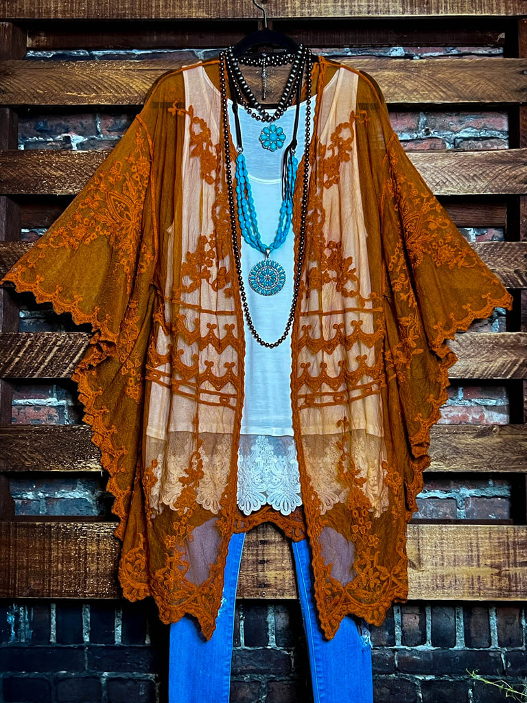 VINTAGE ANGEL EMBROIDERED LACE KIMONO RUST