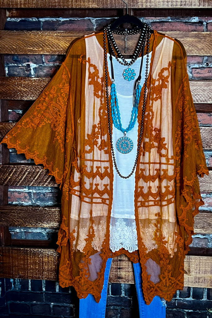 VINTAGE ANGEL EMBROIDERED LACE KIMONO RUST