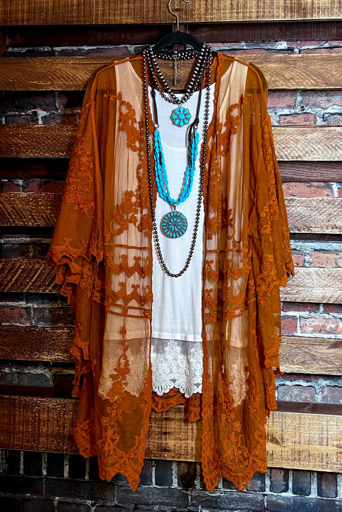 VINTAGE ANGEL EMBROIDERED LACE KIMONO RUST