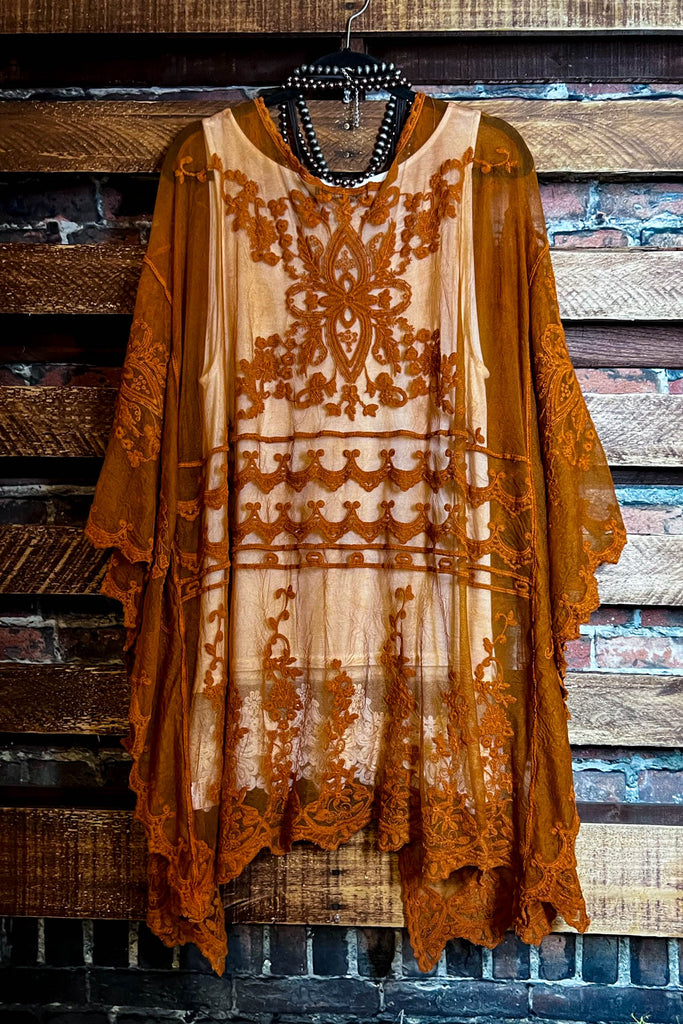 VINTAGE ANGEL EMBROIDERED LACE KIMONO RUST