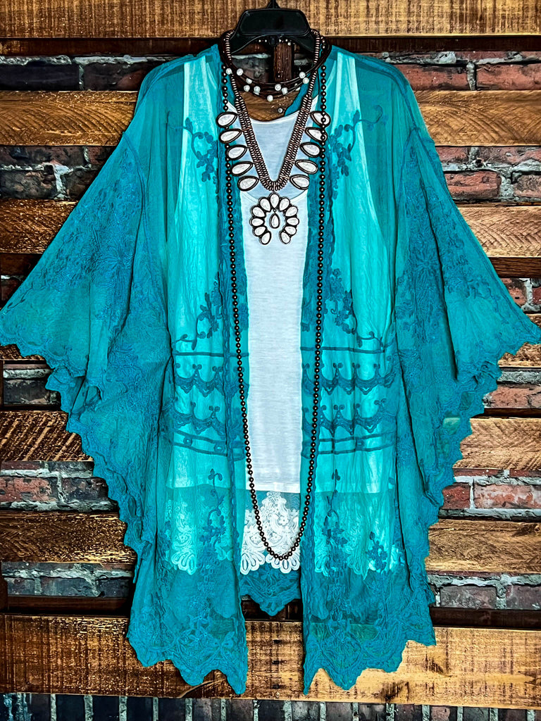 VINTAGE ANGEL PRETTY AQUA LACE KIMONO CARDIGAN