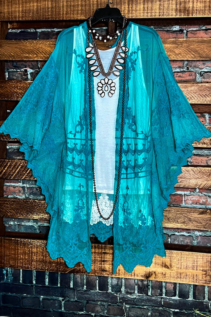 VINTAGE ANGEL PRETTY AQUA LACE KIMONO CARDIGAN