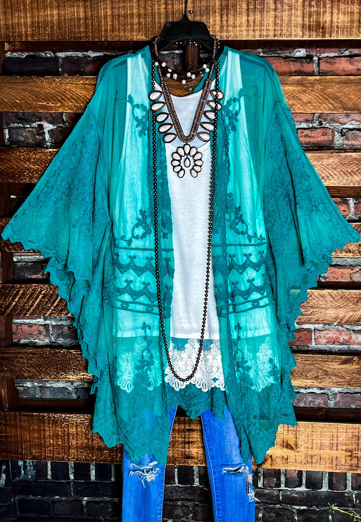 VINTAGE ANGEL EMBROIDERED LACE KIMONO AQUA