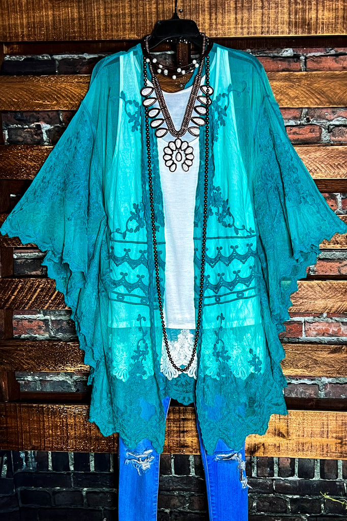 VINTAGE ANGEL EMBROIDERED LACE KIMONO AQUA