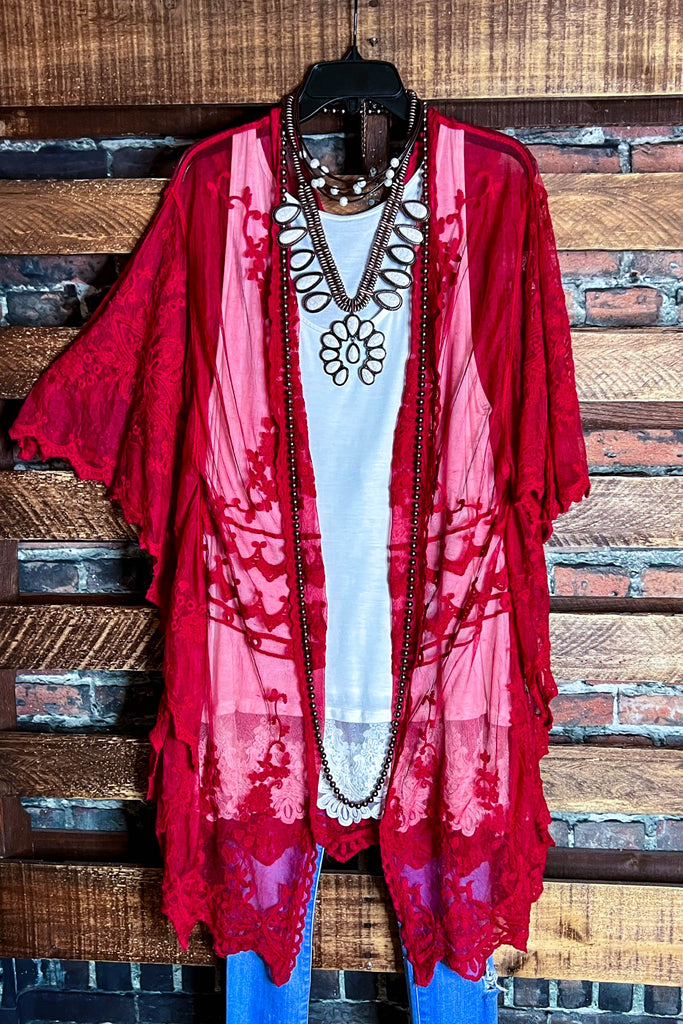 VINTAGE ANGEL EMBROIDERED LACE KIMONO RED RUBY