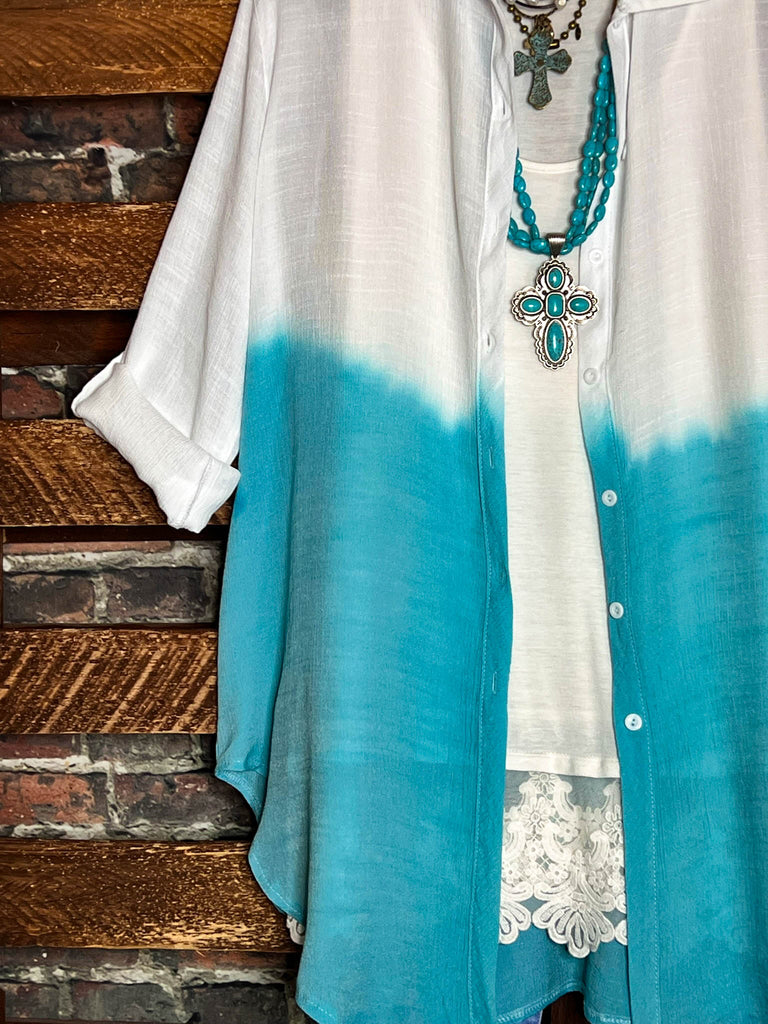 ALL DAY BEAUTIFUL & COMFY LIGHTWEIGHT SHIRT TUNIC TIE DYE BLUE & IVORY