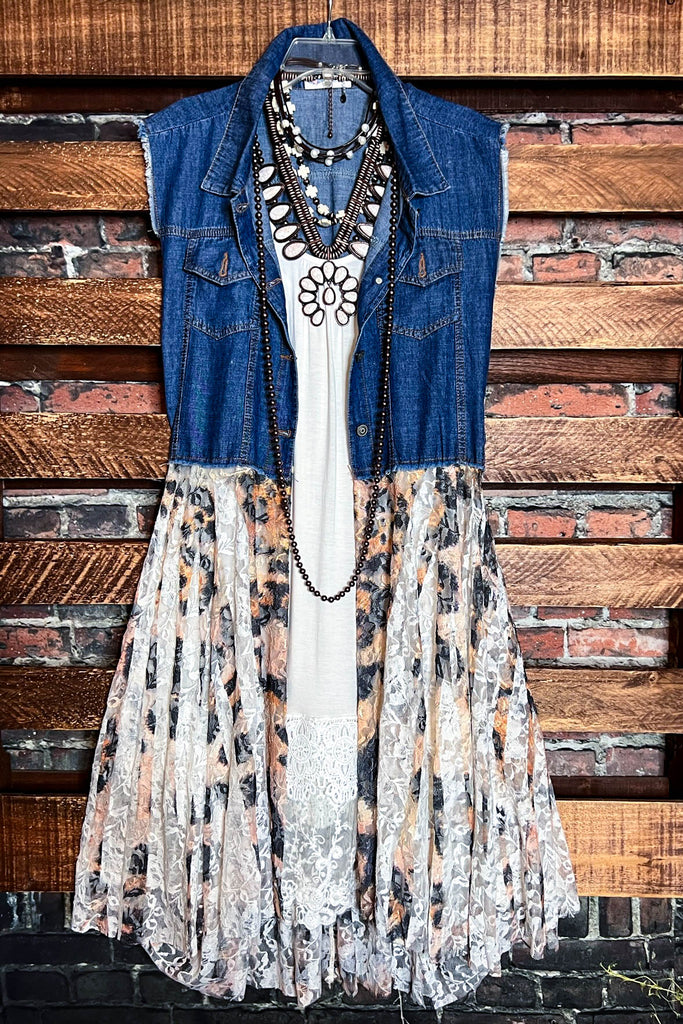 NEVER OUT OF STYLE LEOPARD PRINT LACE & SHABBY DENIM VEST