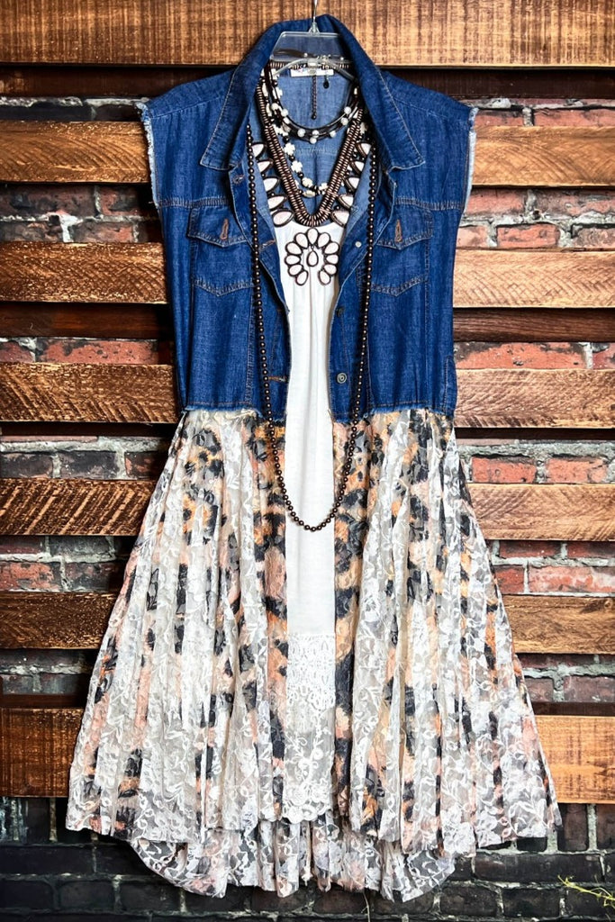 NEVER OUT OF STYLE LEOPARD PRINT LACE & SHABBY DENIM VEST