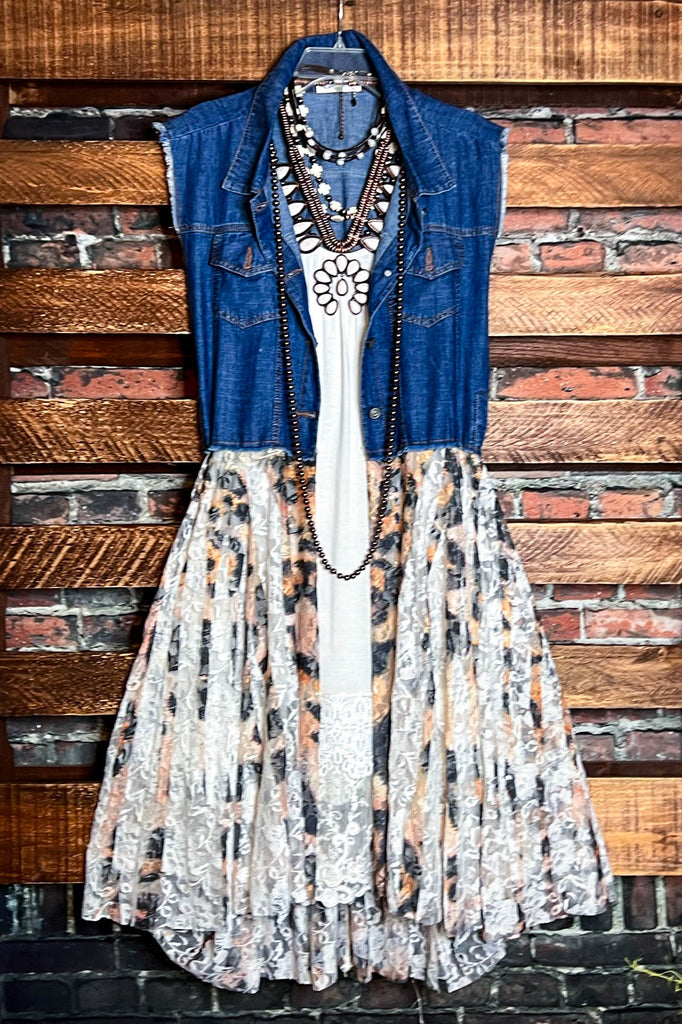 NEVER OUT OF STYLE LEOPARD PRINT LACE & SHABBY DENIM VEST