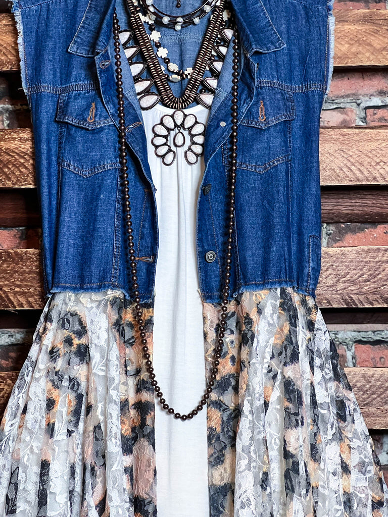 NEVER OUT OF STYLE LEOPARD PRINT LACE & SHABBY DENIM VEST