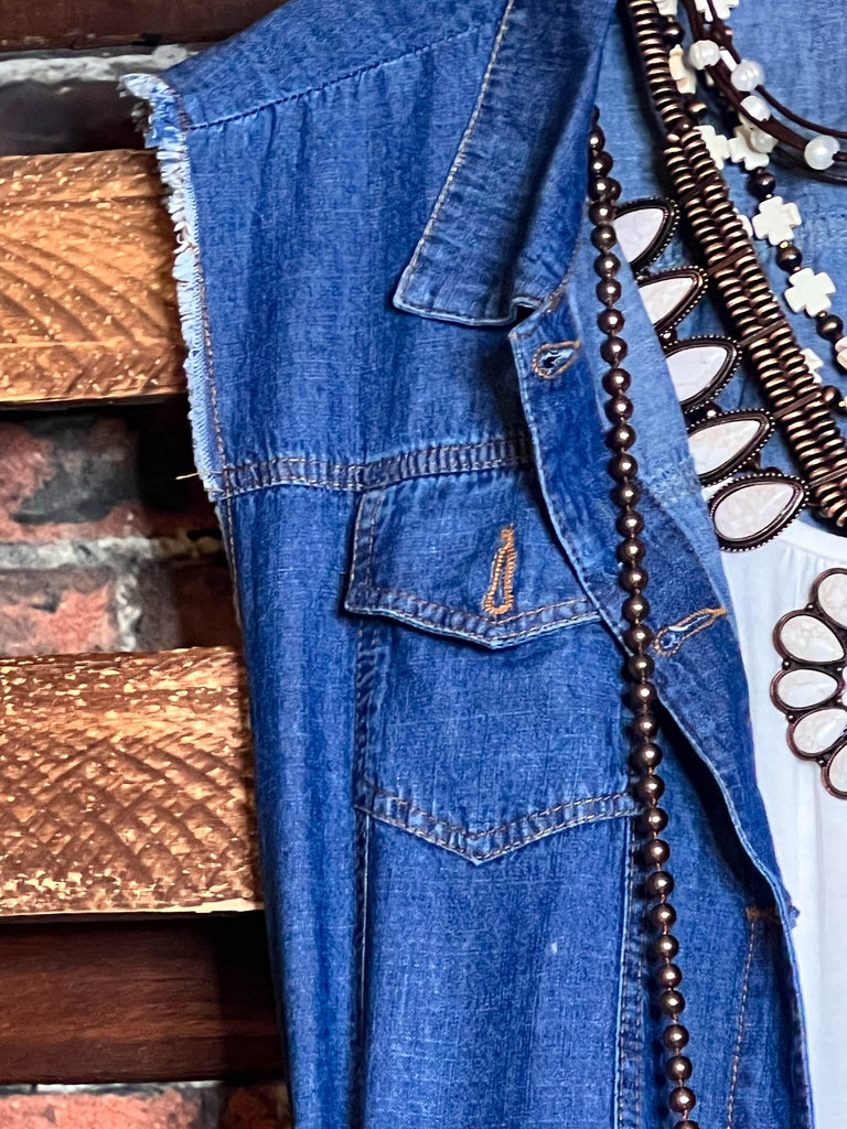 NEVER OUT OF STYLE LEOPARD PRINT LACE & SHABBY DENIM VEST