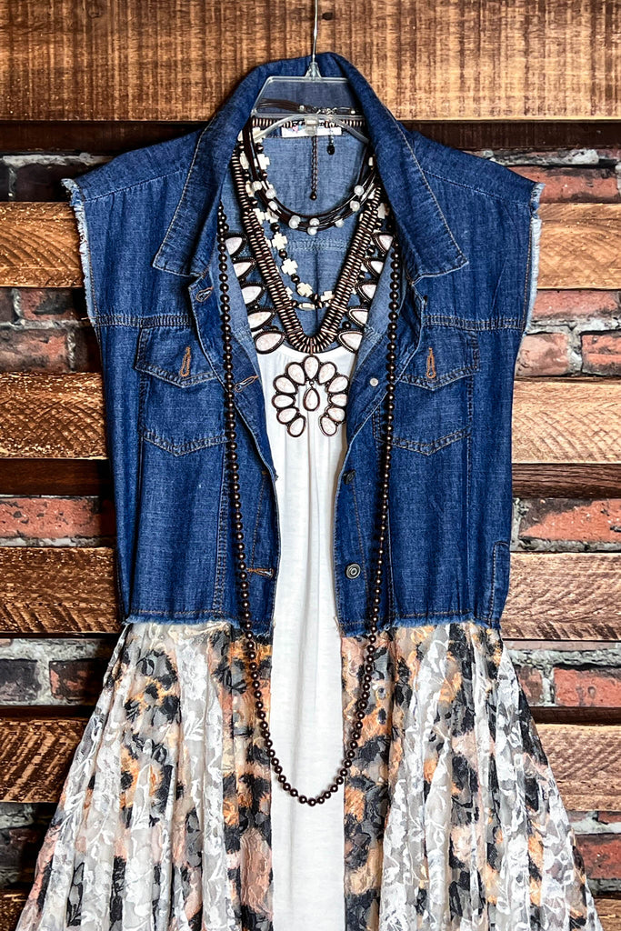 NEVER OUT OF STYLE LEOPARD PRINT LACE & SHABBY DENIM VEST