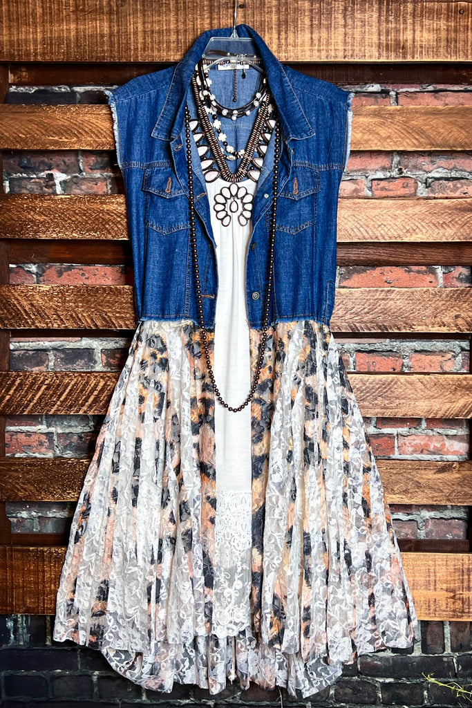 NEVER OUT OF STYLE LEOPARD PRINT LACE & SHABBY DENIM VEST