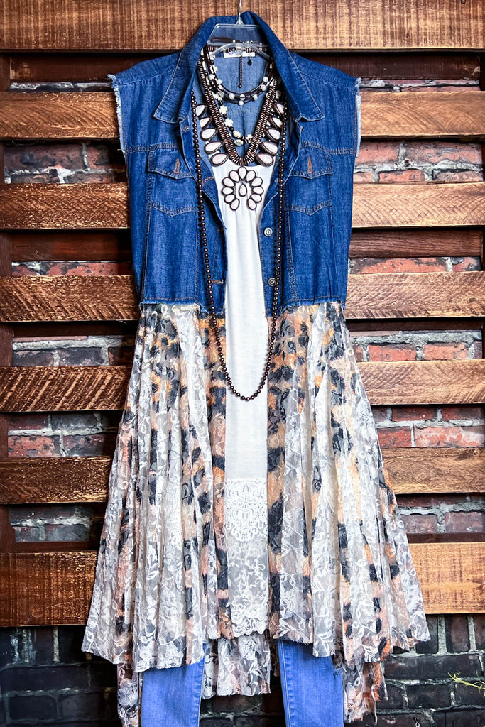 NEVER OUT OF STYLE LEOPARD PRINT LACE & SHABBY DENIM VEST