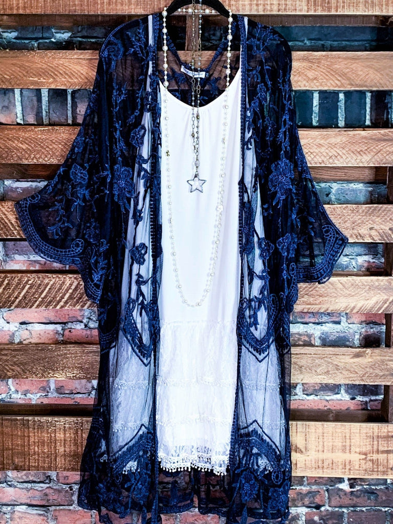 WON MY HEART NAVY BLUE LACE EMBROIDERED CARDIGAN