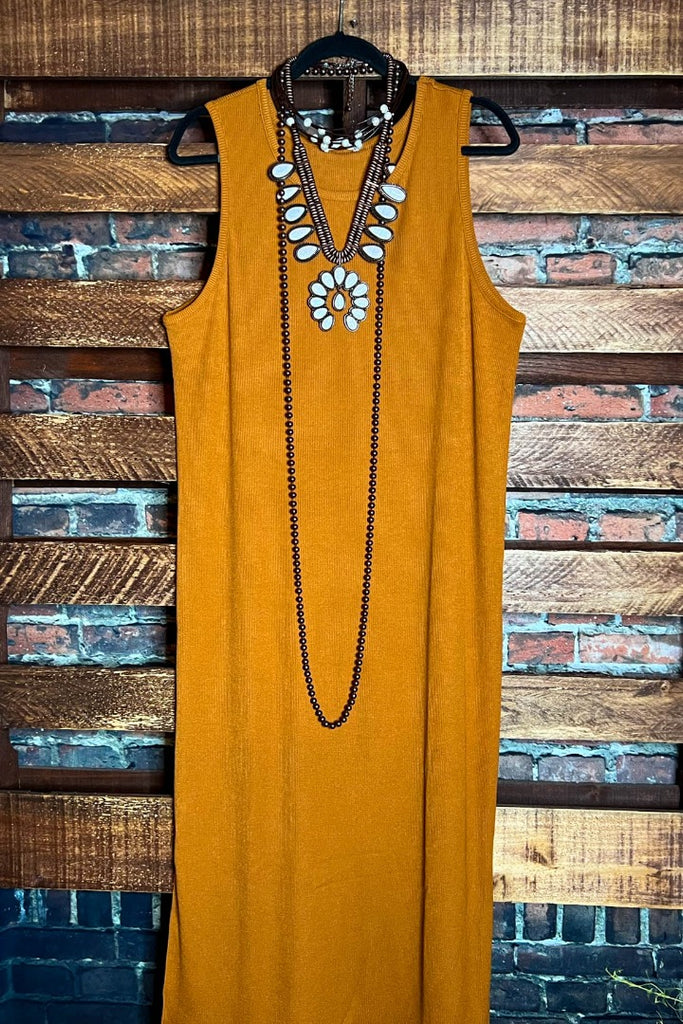 CONFIDENT IN HERSELF MAXI DRESS IN BROWN MUSTARD