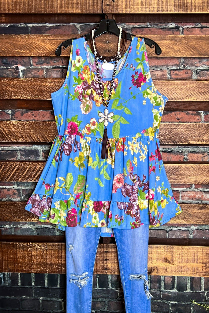 A FRESH START BLUE FLORAL BABYDOLL TOP