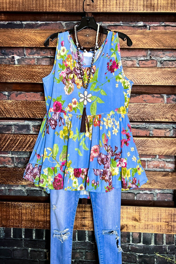 A FRESH START BLUE FLORAL BABYDOLL TOP