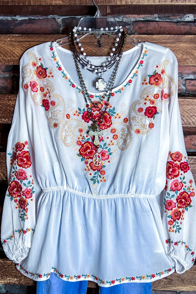 BEAUTIFUL LIFE TO LIVE EMBROIDERED TOP IN OFF WHITE & MULTI