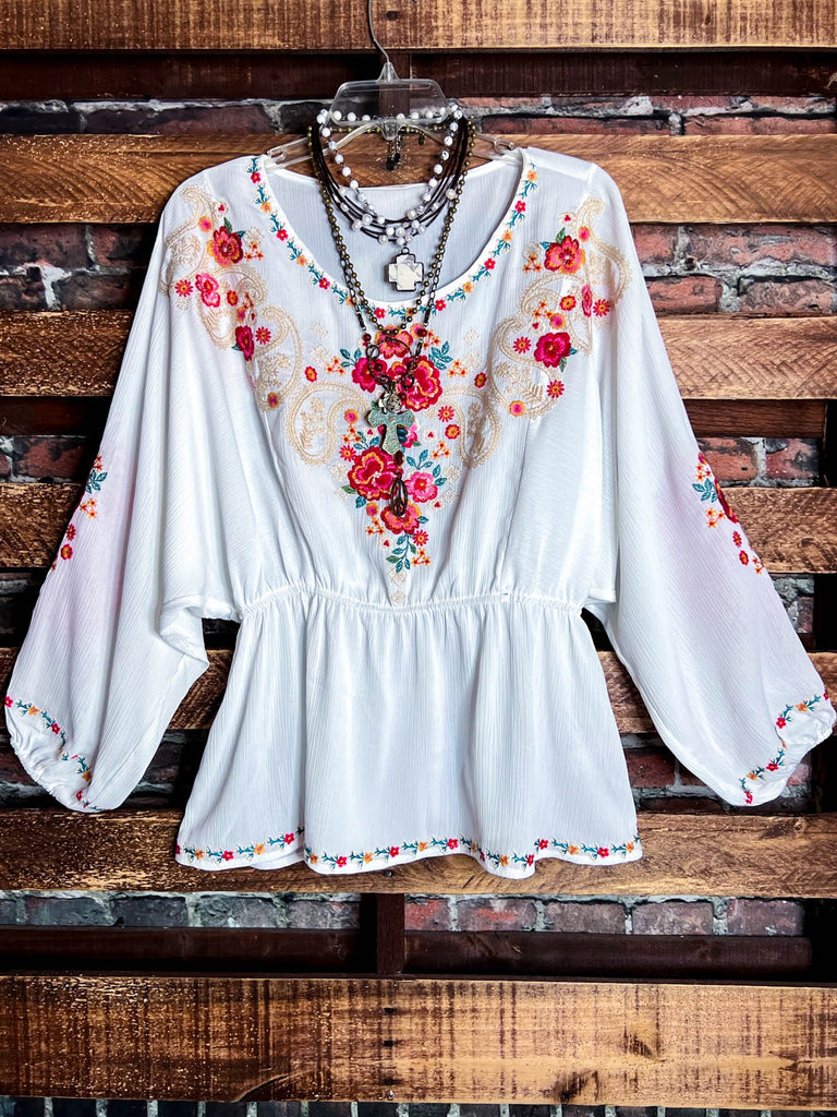 BEAUTIFUL LIFE TO LIVE EMBROIDERED TOP IN OFF WHITE & MULTI