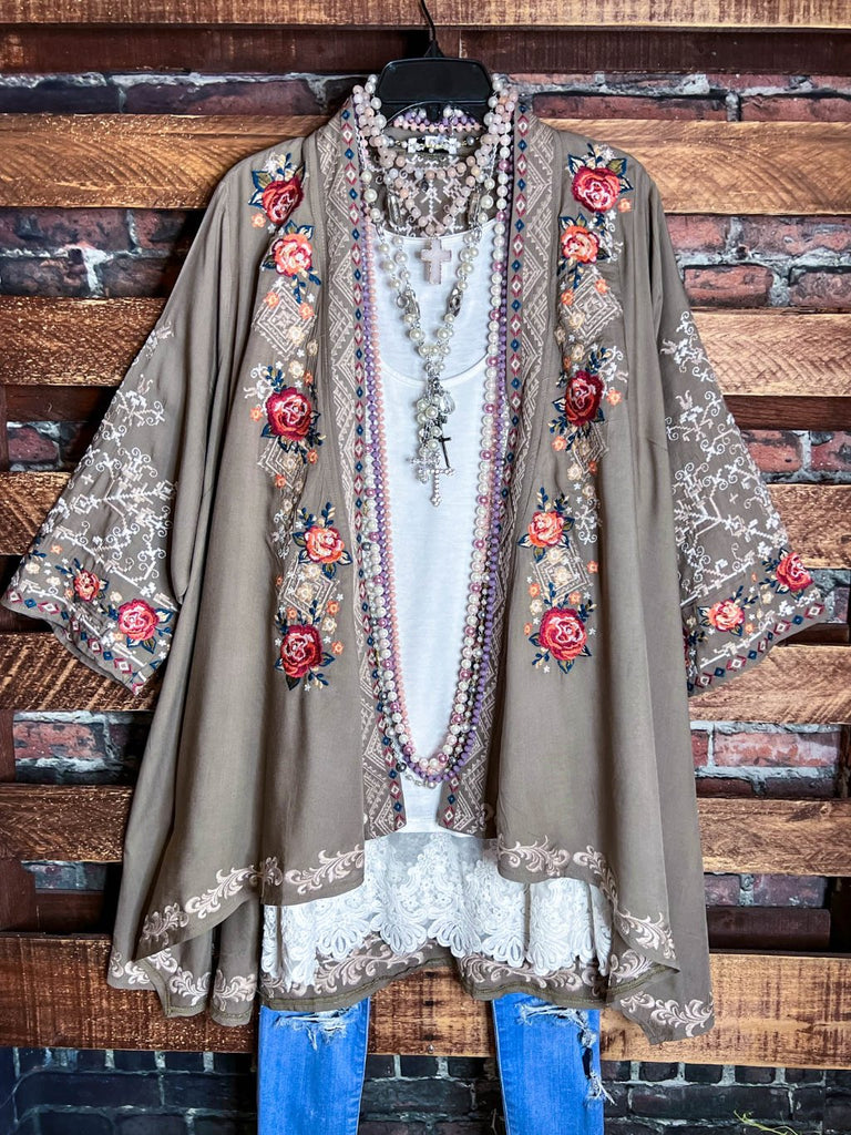 YOU FOUND MY HEART EMBROIDERED KIMONO IN OLIVE