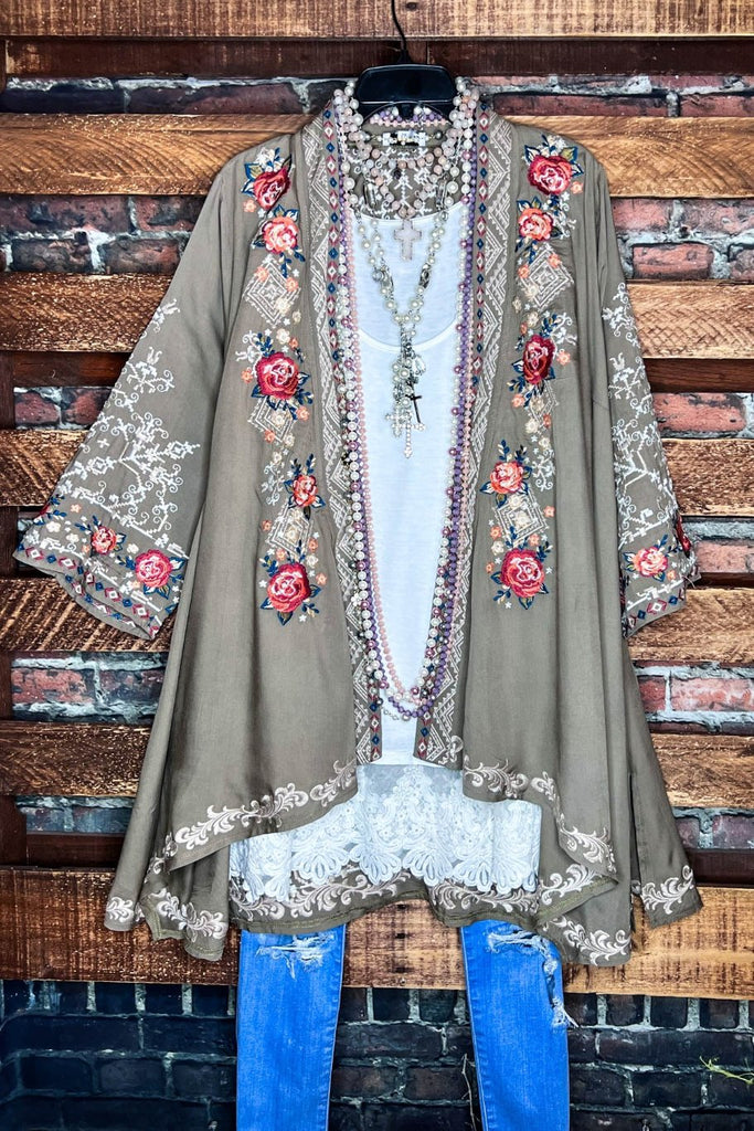 YOU FOUND MY HEART EMBROIDERED KIMONO IN OLIVE