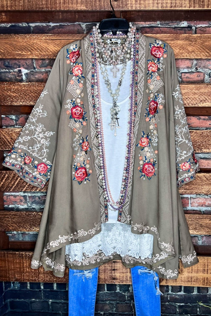 YOU FOUND MY HEART EMBROIDERED KIMONO IN OLIVE