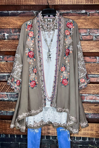 BLOOMING GRACE VINTAGE LACE ROSES CARDIGAN IN BEIGE & FLORAL