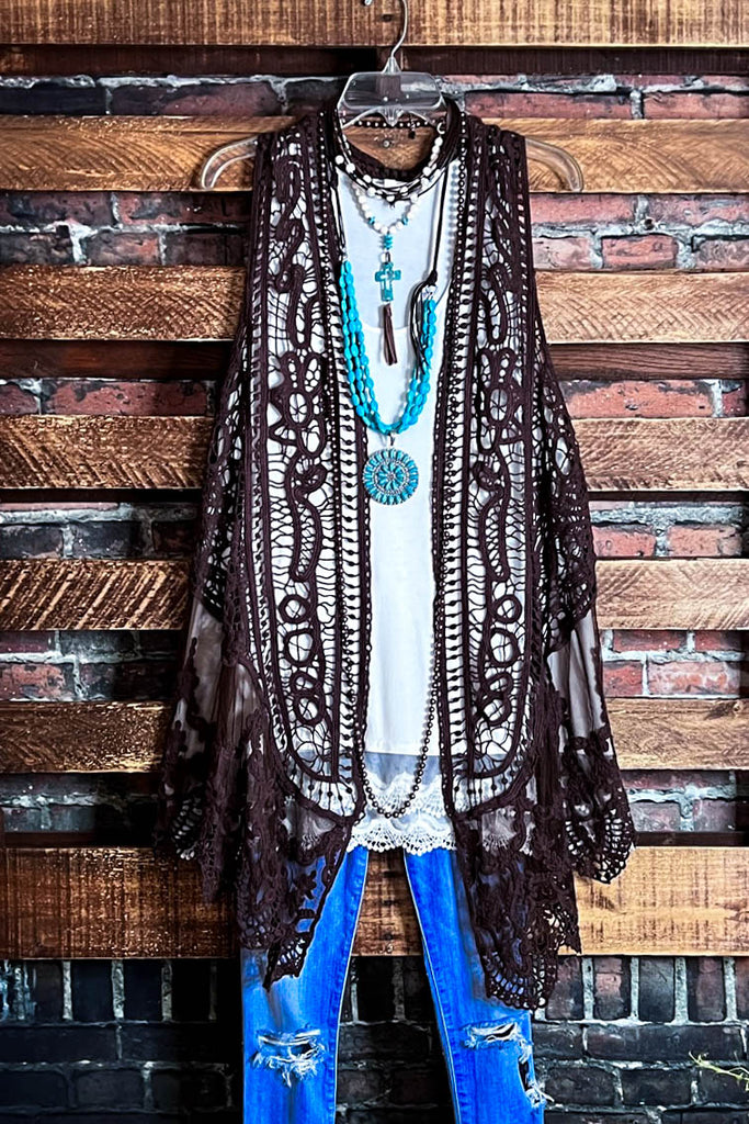 DANCIN' IN THE MOONLIGHT BOHO BROWN LACE & CROCHET VEST