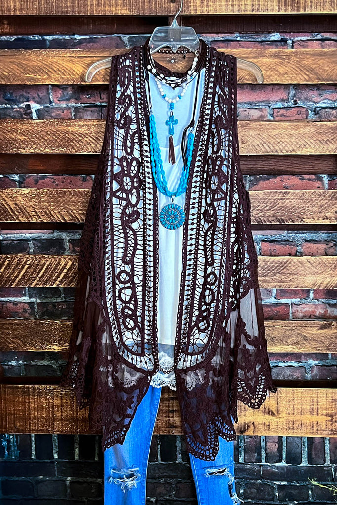 DANCIN' IN THE MOONLIGHT BOHO BROWN LACE & CROCHET VEST