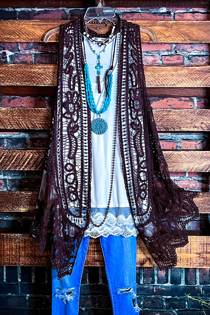 DANCIN' IN THE MOONLIGHT BOHO BROWN LACE & CROCHET VEST