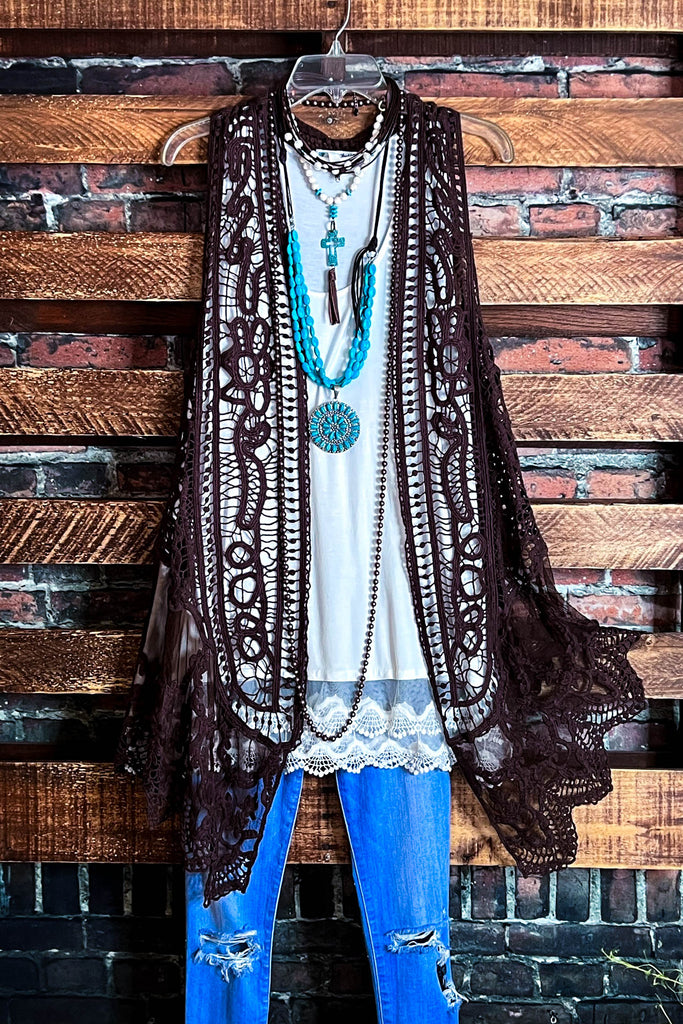 DANCIN' IN THE MOONLIGHT BOHO BROWN LACE & CROCHET VEST