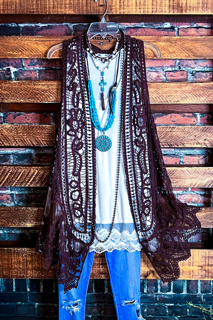 DANCIN' IN THE MOONLIGHT BOHO BROWN LACE & CROCHET VEST