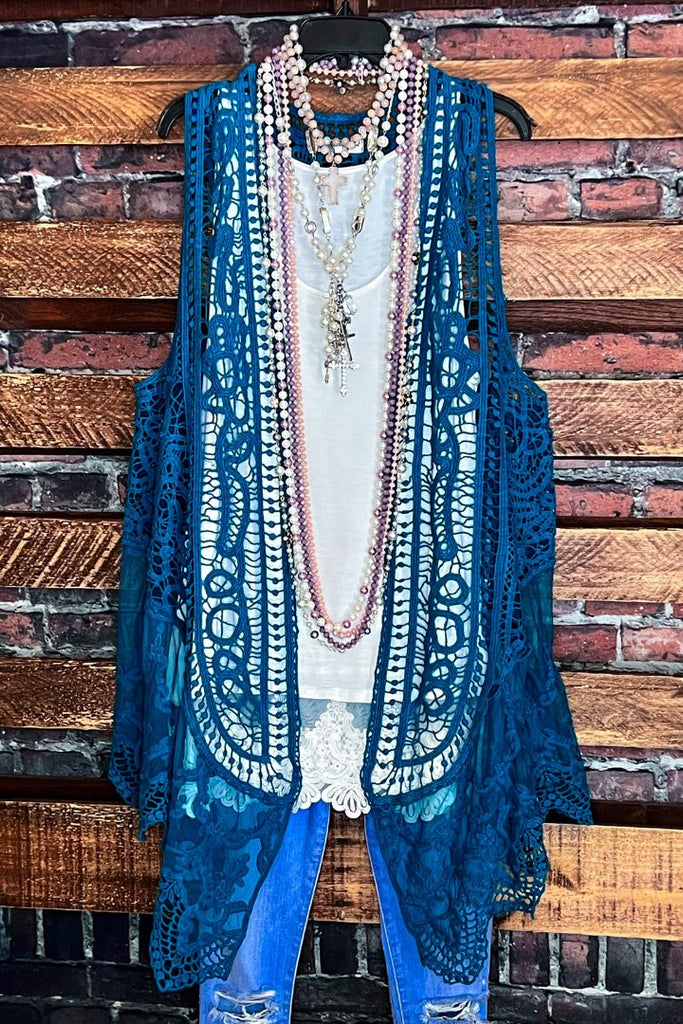 DANCIN' IN THE MOONLIGHT BOHO TEAL LACE & CROCHET VEST