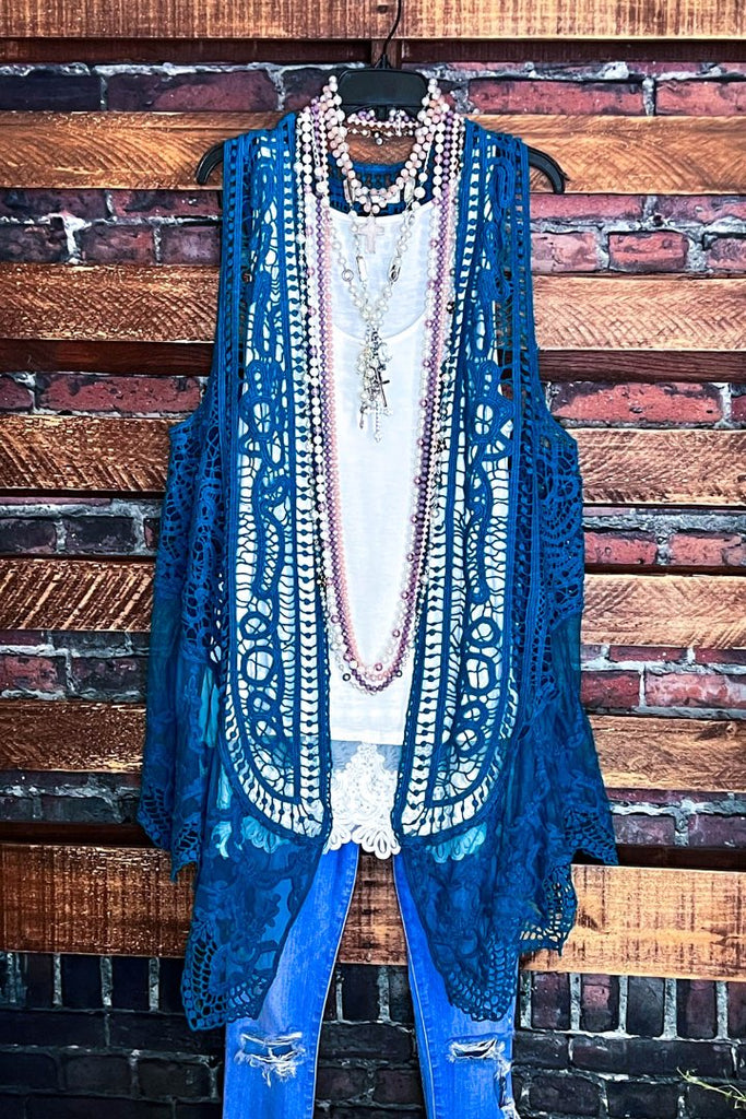 DANCIN' IN THE MOONLIGHT BOHO TEAL LACE & CROCHET VEST