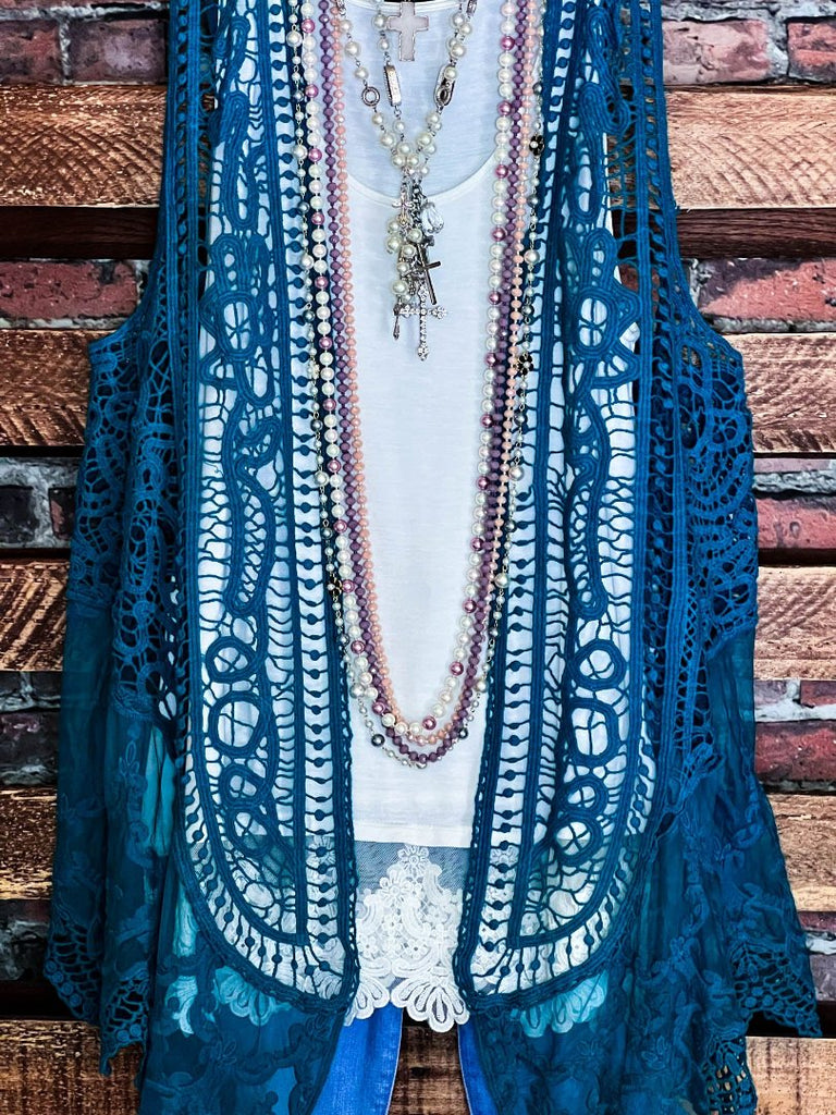 DANCIN' IN THE MOONLIGHT BOHO TEAL LACE & CROCHET VEST