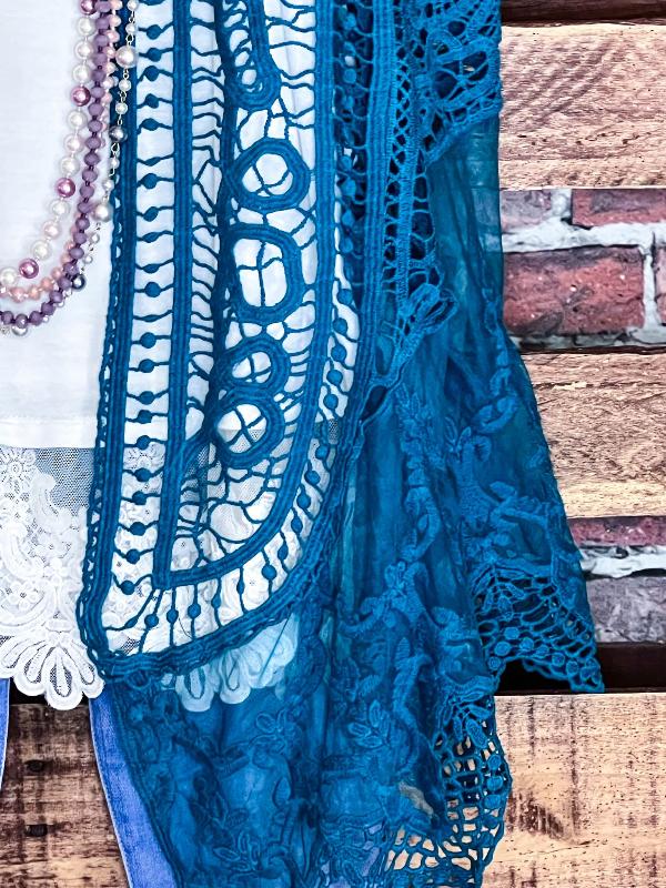 DANCIN' IN THE MOONLIGHT BOHO TEAL LACE & CROCHET VEST