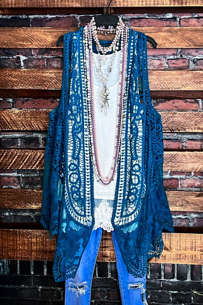 DANCIN' IN THE MOONLIGHT BOHO TEAL LACE & CROCHET VEST