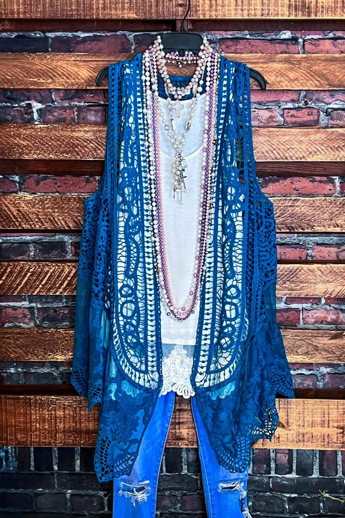 DANCIN' IN THE MOONLIGHT BOHO TEAL LACE & CROCHET VEST