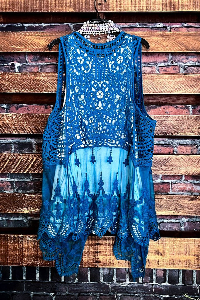 DANCIN' IN THE MOONLIGHT BOHO TEAL LACE & CROCHET VEST