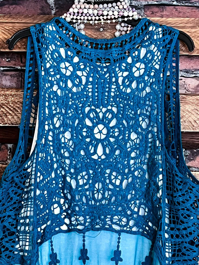 DANCIN' IN THE MOONLIGHT BOHO TEAL LACE & CROCHET VEST