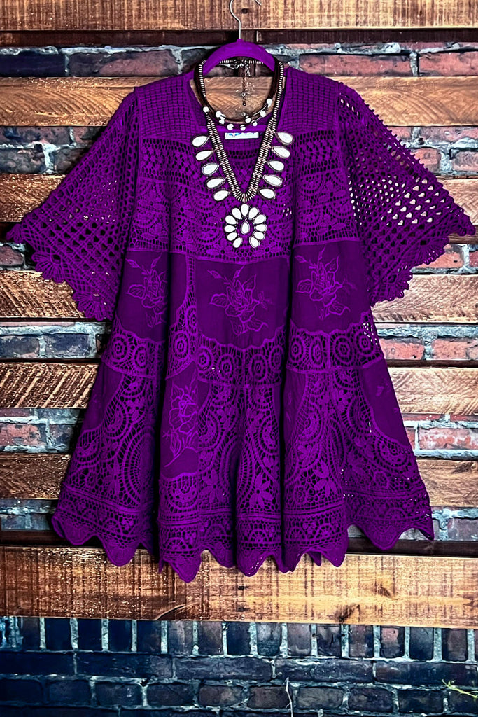 A FAIRYTALE PRETTY UNIQUE 100% COTTON CROCHET LACE TUNIC IN PURPLE