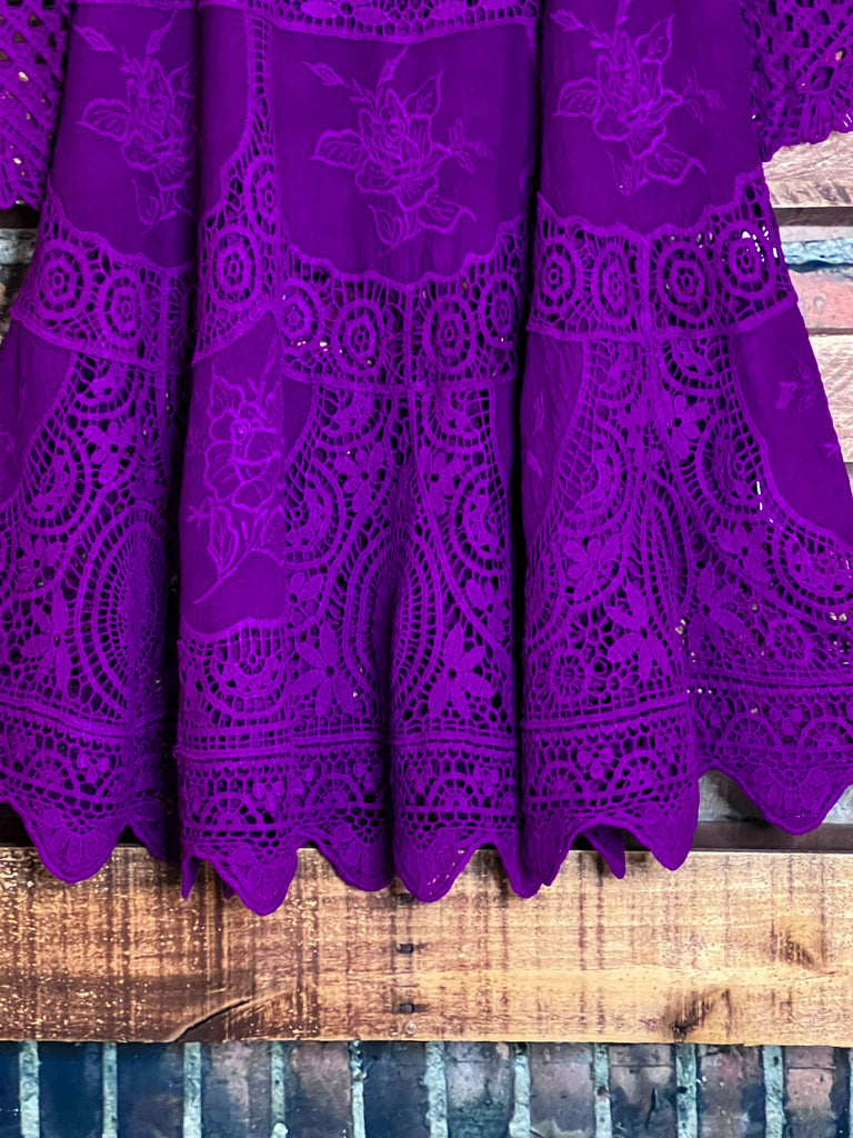 A FAIRYTALE PRETTY UNIQUE 100% COTTON CROCHET LACE TUNIC IN PURPLE