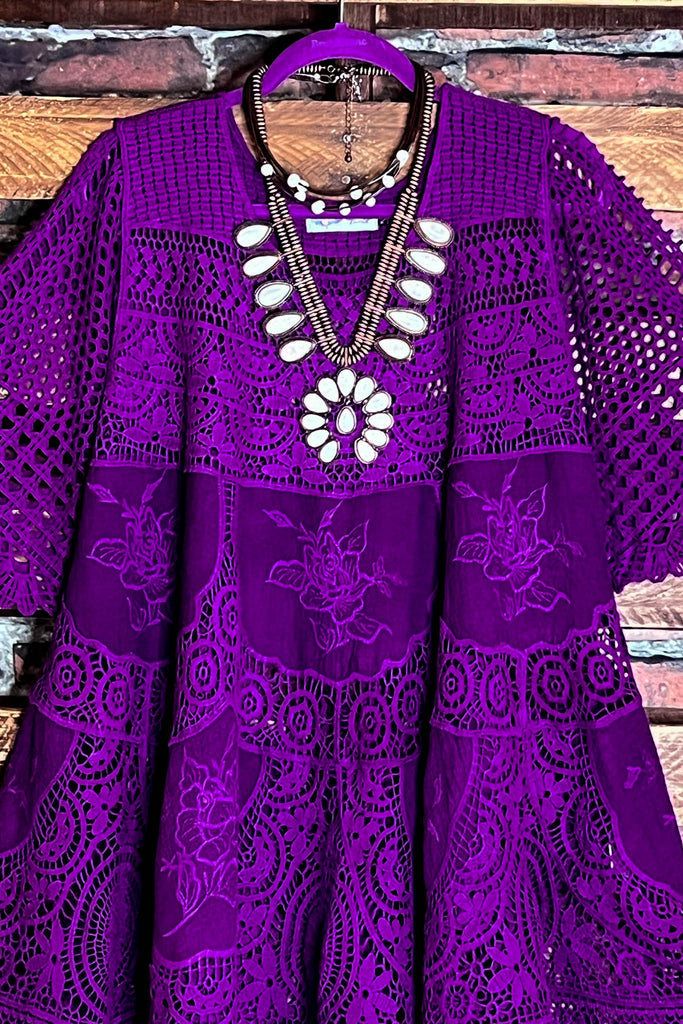 A FAIRYTALE PRETTY UNIQUE 100% COTTON CROCHET LACE TUNIC IN PURPLE