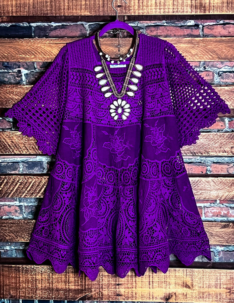 A FAIRYTALE PRETTY UNIQUE 100% COTTON CROCHET LACE TUNIC IN PURPLE