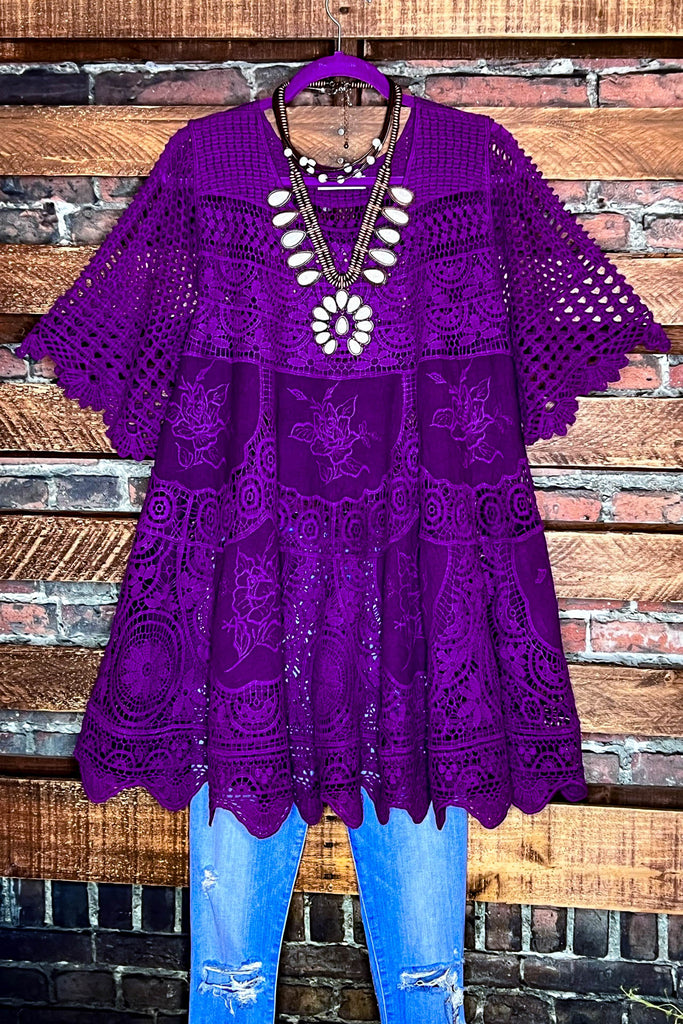 A FAIRYTALE PRETTY UNIQUE 100% COTTON CROCHET LACE TUNIC IN PURPLE