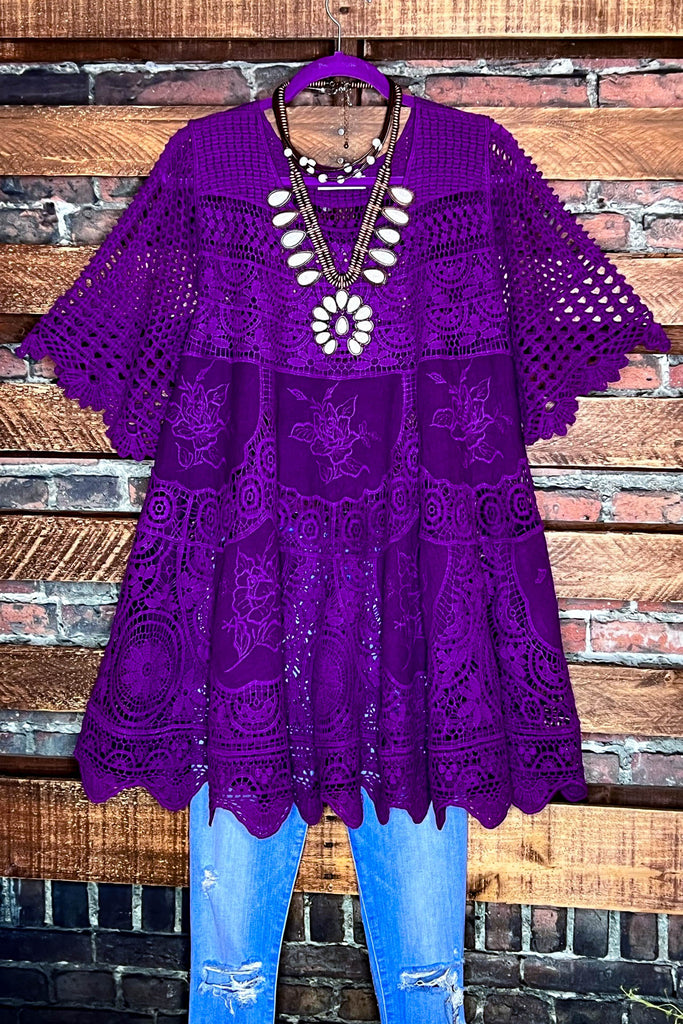 A FAIRYTALE PRETTY UNIQUE 100% COTTON CROCHET LACE TUNIC IN PURPLE